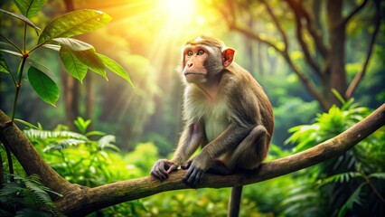 In a vivid, sunlit forest, a curious monkey sits on a branch, immersed in the flourishing foliage, embracing