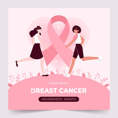Two women celebrating breast cancer awareness month. Vector illustrations.