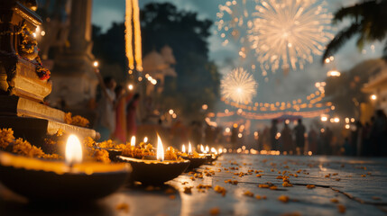 A warm Diwali celebration featuring traditional oil lamps, vibrant flowers, and people enjoying the festival with lights and fireworks.

