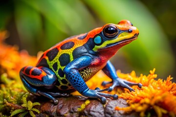 Obraz premium In its natural habitat, a vibrant poison arrow frog showcases a dazzling array of colorful skin patterns, perfectly