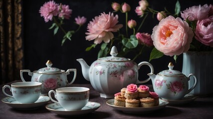 A serene tea party with pink big flowers