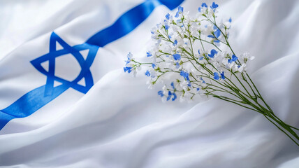 Flowers placed on the Israeli flag to symbolize peace and remembrance during a commemorative event