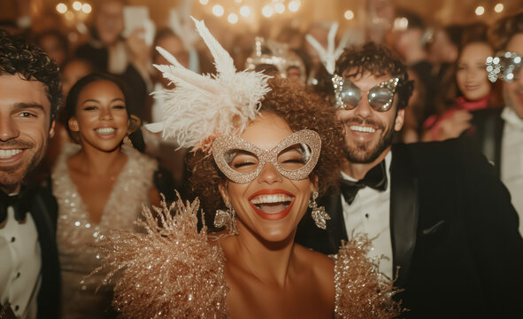 women, men wearing elegant masquerade masks with feathers in black gold, having fun party night at halloween masquerade ball carnival. men in black tuxedo suits with black and golden masquerade masks
