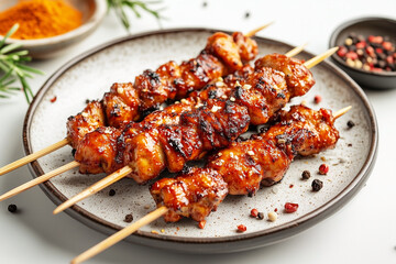 Delicious grilled chicken skewers glazed with a savory sauce, garnished with herbs and spices, served on a decorative plate.
