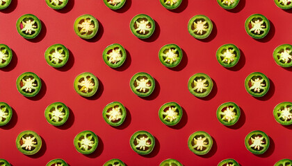 Slice of green jalapeno pattern on red background