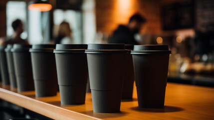 Takeaway coffee cups on a wooden counter in a cozy cafe