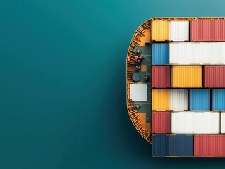 Obraz premium Top-down view of a cargo ship deck, organized containers, and logistics crew coordinating shipping operations