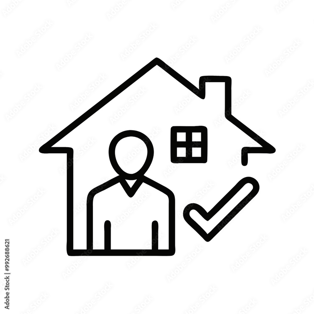 Poster a line drawing of a house with a figure of a person inside and a checkmark beside them, symbolizing 