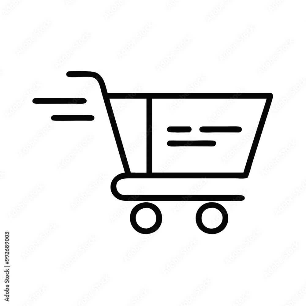 Poster a line drawing of a shopping cart with motion lines, symbolizing fast shopping, quick transactions, 