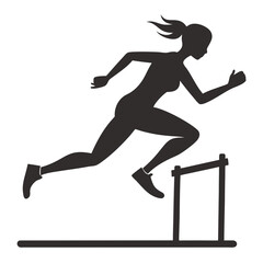 Female athlete running hurdles in athletics race, black silhouette vector art illustration