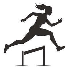 Female athlete running hurdles in athletics race, black silhouette vector art illustration