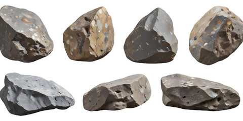 Naklejka premium Assorted rocks and stones of various shapes and sizes, with rough, uneven surfaces and mottled gray and brown coloring. with a Transparent Background