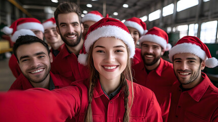 Fototapeta premium A group of factory workers wearing Santa hats, smiling and taking a group selfie, celebrating the holiday season together at work. 