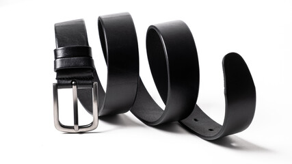 Black leather belt with matte metal buckle close-up isolated on white background. Fashionable...