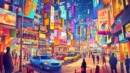 Obraz premium A digital art illustration using vibrant, bright colors to depict a bustling cityscape with people,