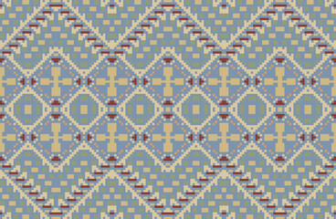 Endless Double Ikat Patternfolk Embroidery, Aztec Geometric Ornament Print. Design for Carpet, Wallpaper, Clothing, Wrapping, Fabric