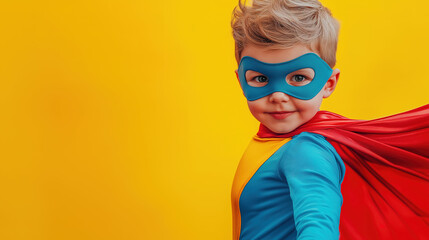  child dressed in a bright red and blue superhero costume, complete with a mask and cape, against a solid yellow background, confidently striking a heroic pose. Halloween concpet