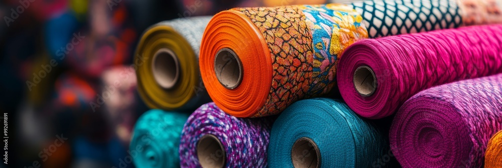 Poster a vibrant display of rolled textiles in various colors and patterns, showcasing the beauty of fabric