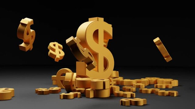 The large golden dolar sign rotates around its axis and smaller icons fall on it