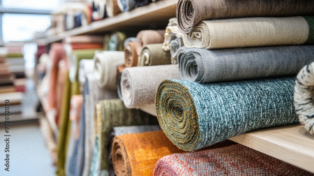 Poster a vibrant display of assorted fabric rolls neatly arranged on shelves in a textile store, showcasing