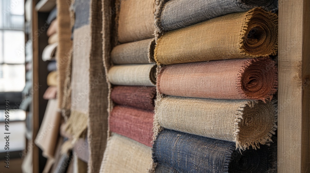 Poster a collection of colorful fabric rolls neatly arranged on a display, showcasing various textures and 