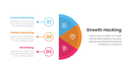 growth hacking infographic 3 point with vertical half circle with outline circle and arrow for slide presentation