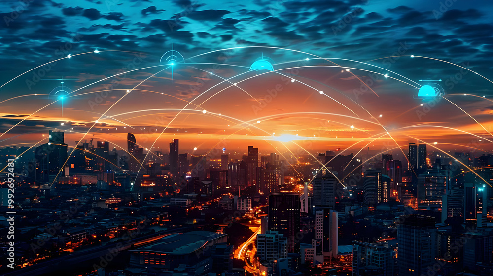 Poster a digital network connecting a city at sunset with abstract connections and glowing lines in a conce