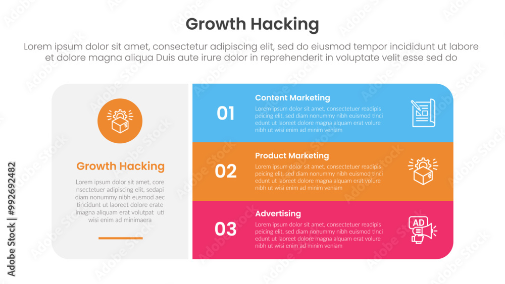 Poster growth hacking infographic 3 point with big round rectangle box with stack list for slide presentati