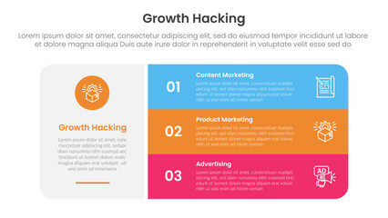 growth hacking infographic 3 point with big round rectangle box with stack list for slide presentation