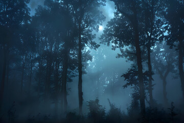Obraz premium A forest at night with a full moon shining through the trees