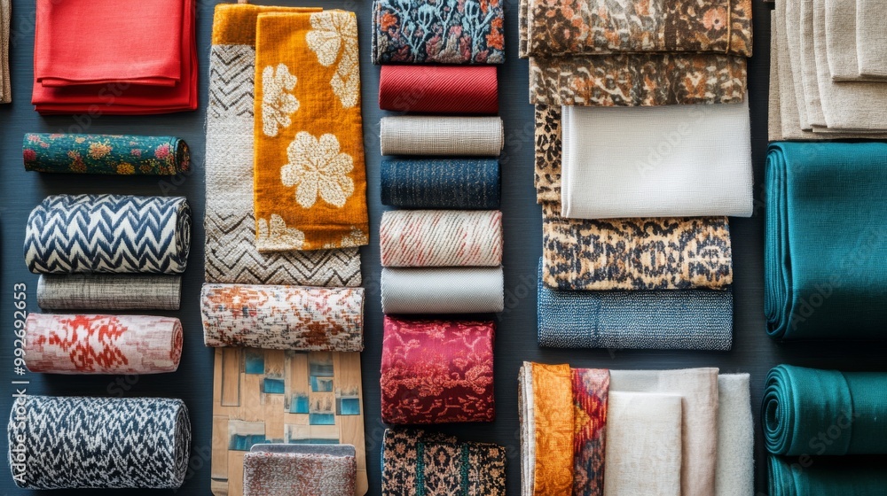 Poster a vibrant arrangement of various rolled fabrics, showcasing an array of colors, patterns, and textur