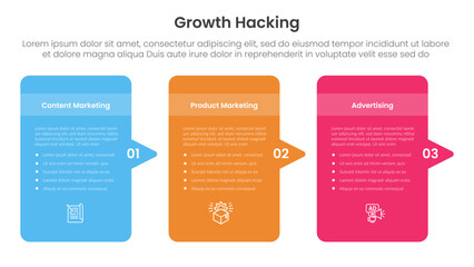 growth hacking infographic 3 point with round box container with arrow right side direction for slide presentation