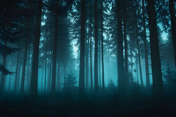 A forest with trees that are dark and tall