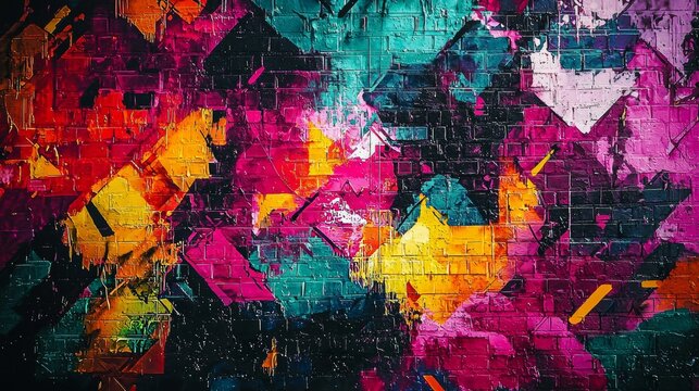 Abstract graffiti wall with pixelated art, blending street art with digital patterns