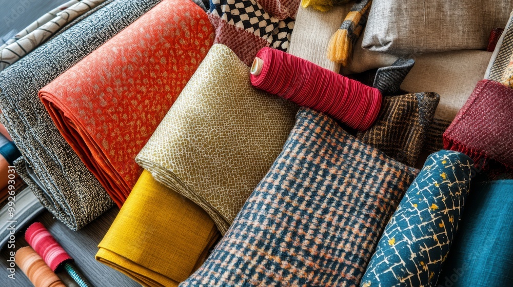 Poster a vibrant arrangement of various textured fabrics showcasing rich colors and patterns, ideal for cra