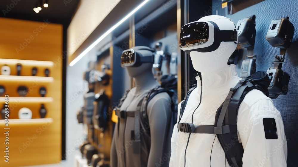 Poster a display showcasing advanced virtual reality gear including headsets and suits in a modern tech env