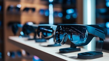 A display showcasing advanced virtual reality gear including headsets and suits in a modern tech environment.