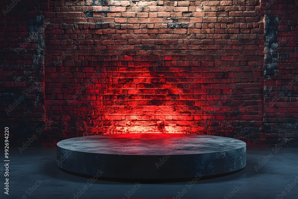 Poster a circular platform illuminated by red light against a textured brick wall, creating a dramatic and 