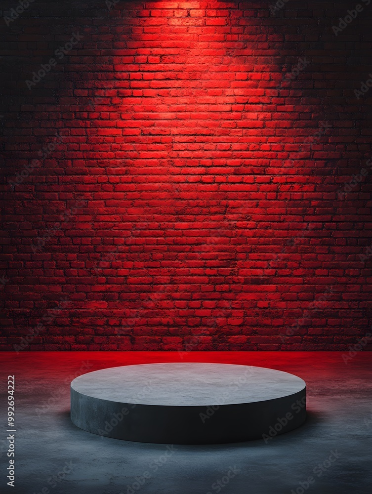 Poster a round platform illuminated by a red light against a textured brick wall, creating a dramatic and m