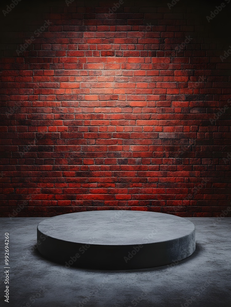 Poster a circular platform illuminated in front of a textured red brick wall, creating a dramatic and moody