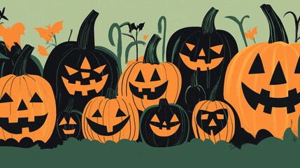 
Flat illustration of a whimsical Halloween pumpkin patch, showcasing a variety of pumpkins with playful expressions, highlighted by clean lines and a bold color palette of orange, green, and black.