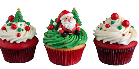 A red and green Christmas cupcake with a Santa Claus figurine on top, surrounded by other festive cupcakes with a Transparent Background