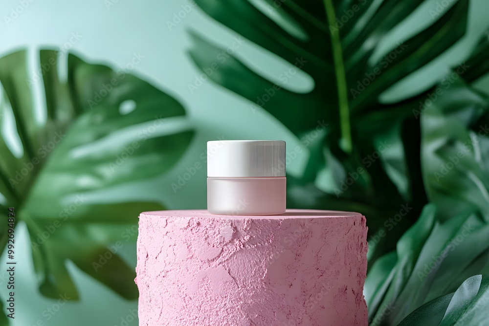 Aufkleber a minimalist display featuring a pink textured container with a delicate lid, surrounded by lush gre