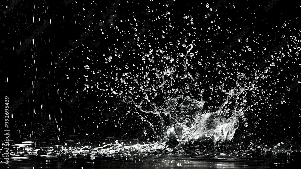 Poster water droplets splashing and falling on a black background, creating a dynamic and artistic composit