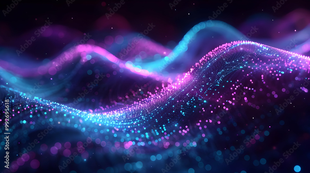 Poster abstract 3d digital art with pink and blue particles, glowing and moving in a wavy pattern, creates 