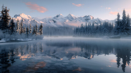 Fototapeta premium A serene and peaceful scene of a lake surrounded by snow-covered mountains