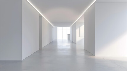 Fototapeta premium A large, empty hallway with white walls and a white floor