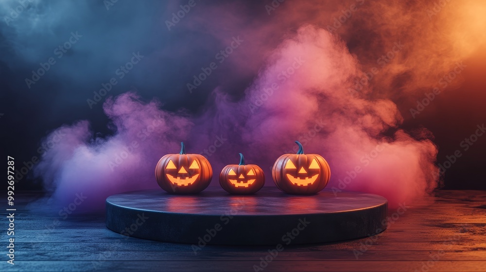 Wall mural a black round podium with glowing jack-o'-lanterns, ethereal smoke swirling in soft orange and purpl