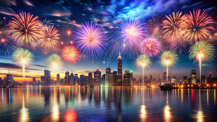 Obraz premium Fireworks Over City Skyline Reflecting on Water, Vibrant Night Celebration