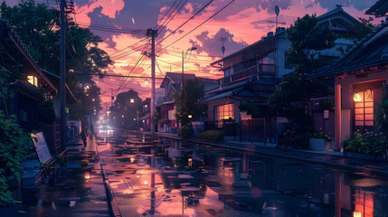 Fototapeta premium A beautiful japanese tokyo city town in the evening. houses at the street. anime comics artstyle. cozy lofi asian architecture. 16:9 4k resolution